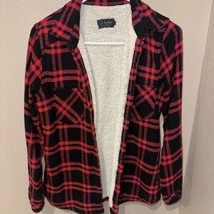 Ci Sono Red & Black Plaid Sherpa-Lined Flannel Jacket